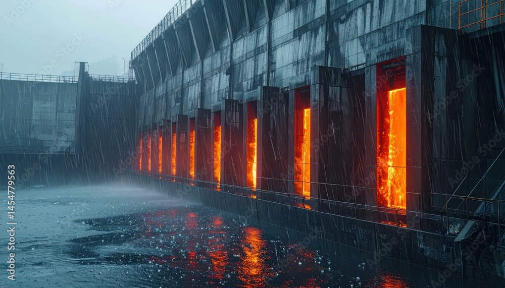 Fototapeta premium Industrial Facility with Dramatic Flames in a Rainy Environment