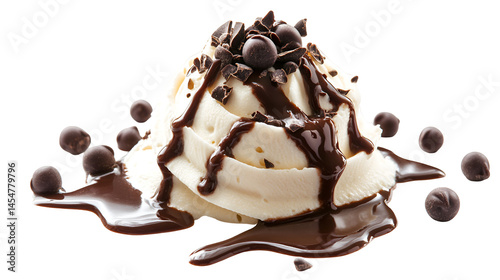 A close up of ice cream with chocolate sauce and chocolate chips on a white background