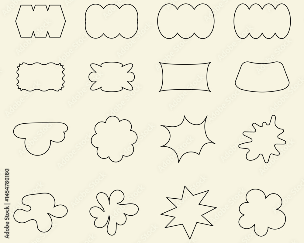 Fototapeta premium Abstract wave shape stickers. Zig zag wavy shape frames. Vector abstract photo frames and text boxes. Geometric stamps. Hand drawn stars, design elements, badges, geometric figures