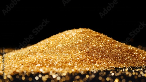 Golden dust and sand on the black background, scattered gold dust, sand effect with glitters and sequins. Wallpaper and banner.