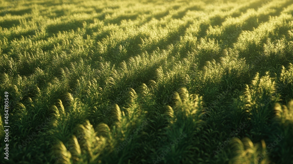 A mid-range shot of a field of peanut plants swaying gently in the breeze. The peanut plants are a uniform green, with the stalks bending gracefully in the wind. The sun casts long shadows the field A mid-range shot of a field of peanut plants swaying gently in the breeze. The peanut plants are a uniform green, with the stalks bending gracefully in the wind. The sun casts long shadows the field