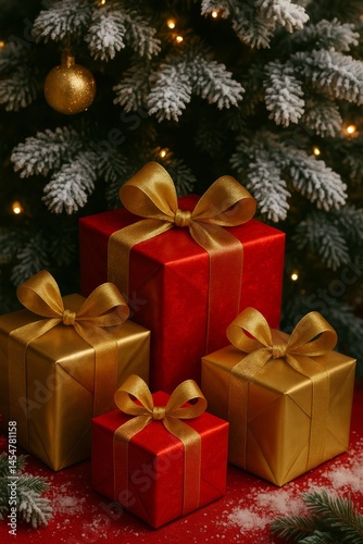 Festive Christmas Presents with Golden Ribbons Under a Full Holiday Tree