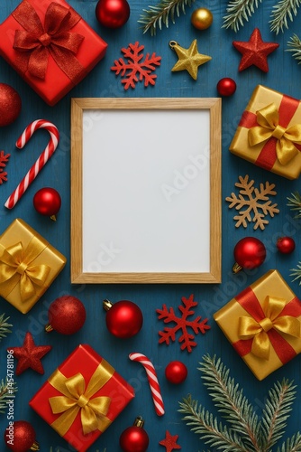 Festive Christmas Decorations with Gifts, Ornaments, and Holiday Frame