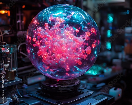 Floating sphere containing miniature glowing organisms zero gravity lab organisms move gracefully within the sphere which is suspended in the center of the lab with high tech holographic projections