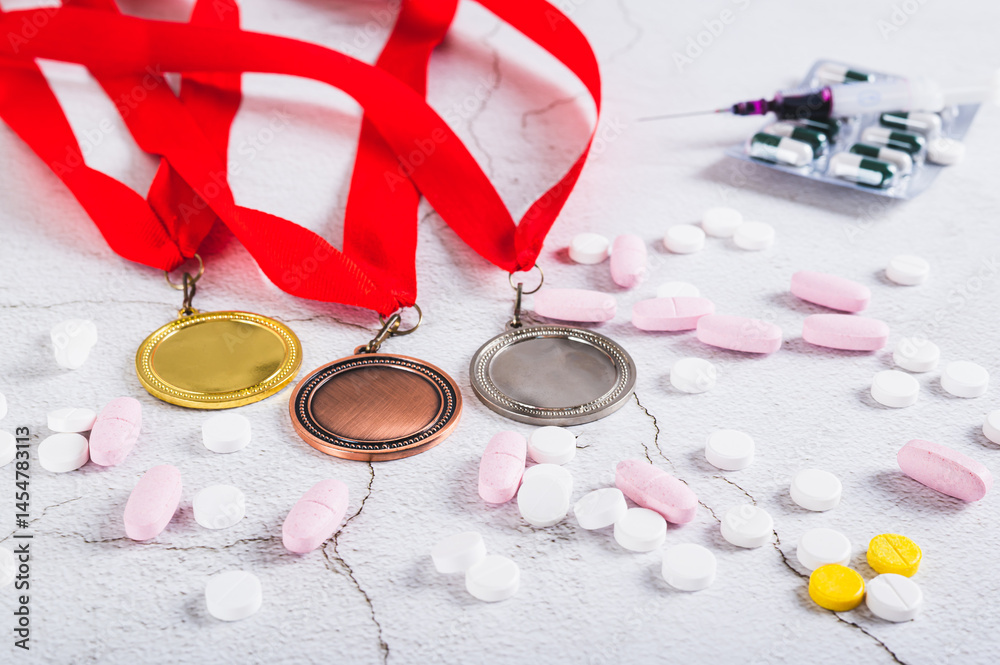 Concept of doping in sports, medals, pills and syringe on the table