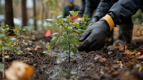 Young seedling planted in wet soil with gloved hands tending garden. Close-up of sustainable forestry reforestation concept showing environmental conservation with water drops on green leaves