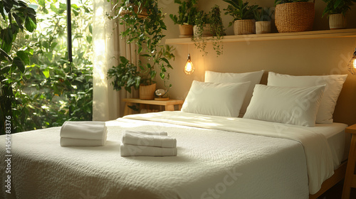 Botanical bedroom interior with numerous houseplants surrounding white bed bathed in natural sunlight. Eco-friendly accommodation featuring indoor garden creating tranquil atmosphere 