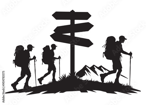 Hiking adventure through mountains silhouette vector image and exploration