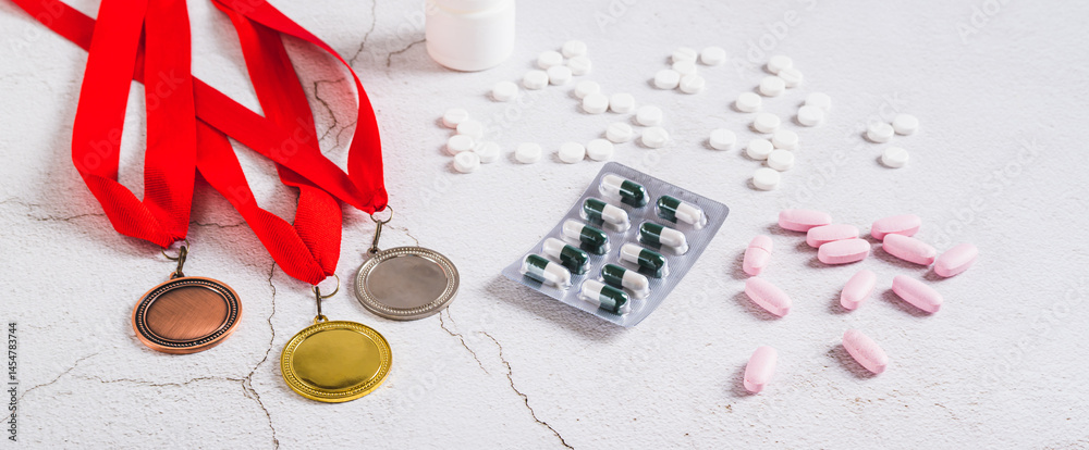 Concept of doping in sports, medals, pills and syringe on the table web banner