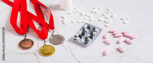 Obraz na płótnie Concept of doping in sports, medals, pills and syringe on the table web banner w salonie