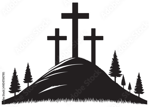 Three Crosses on Hill Silhouette Vector Illustration Calvary Symbol
