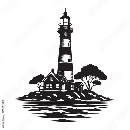 Silhouette Lighthouse on Island Vector Illustration with Waves Design