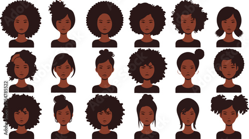 Set of silhouette afro girl collection featuring black woman faces with unique stylized hairstyles perfect for artistic illustrations and fashion projects