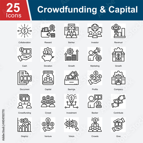 Crowdfunding & Capital is a collection of icons illustrating funding sources, financial contributions, investor support, and capital growth for startups and business ventures. 