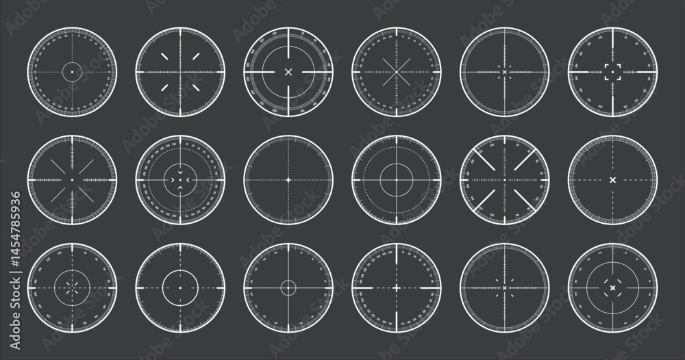 Various sniper rifle sights with degree scale, weapon optical scope crosshair. Hunting gun viewfinder. Shooting mark symbol, aim. Military target sign. Game interface UI element. Vector illustration
