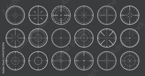 Obraz na płótnie Various sniper rifle sights with degree scale, weapon optical scope crosshair. Hunting gun viewfinder. Shooting mark symbol, aim. Military target sign. Game interface UI element. Vector illustration w salonie