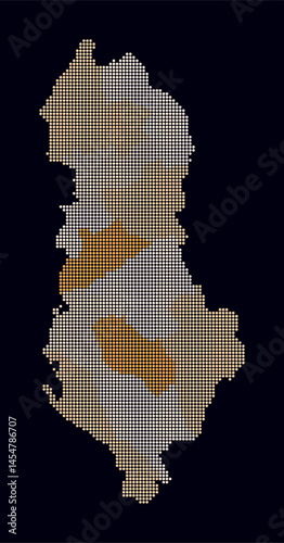 Albania dotted map. Digital style map of the country on dark background. Albania shape with circle dots. Colored dots style. Small size circles. Trending vector illustration.
