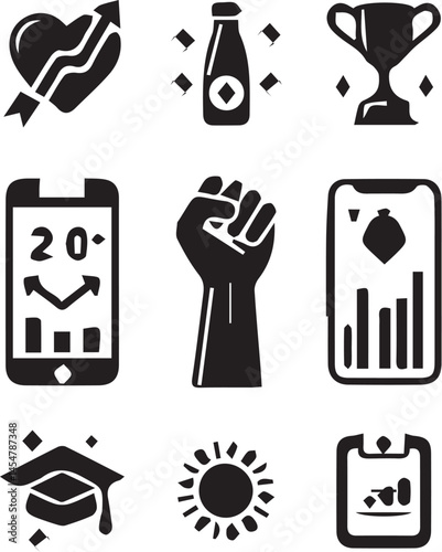 Set of Black Flat Vector Icons Representing Modern Digital and Social Tends
