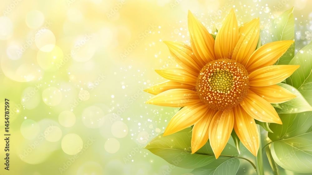 Obraz premium Youth Day: A vibrant close-up of a blooming sunflower with golden petals, surrounded by soft green leaves, warm sunlight casting gentle shadows, blurred spring meadow background, 