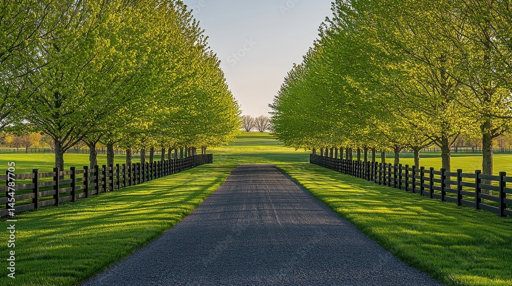 Fototapeta premium Road with trees and green grass on a sunny day