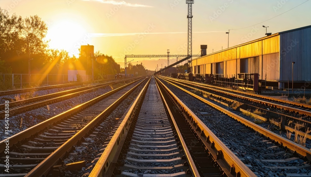 Sunset Over Train Tracks with Industrial Background and Clear Sky Sunset Over Train Tracks with Industrial Background and Clear Sky