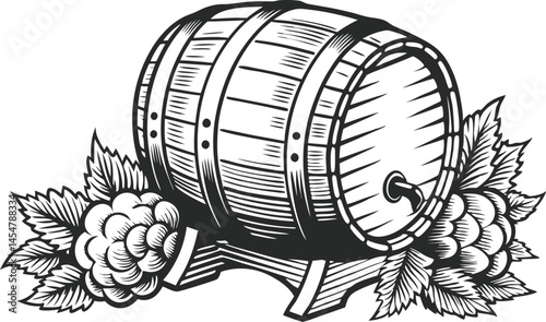 Whiskey and beer keg barrel with floral, grain, and decorative elements in retro sketch engraving style, black and white illustration set


