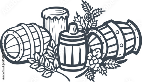 Whiskey and beer keg barrel with floral, grain, and decorative elements in retro sketch engraving style, black and white illustration set

