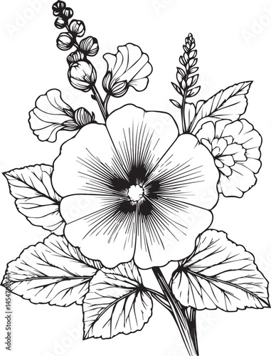 Vector illustration of a beautiful Hollyhock flower bouquet. Vector sketch illustration, isolated on white. Monochrome hand-drawn vector floral Hollyhock. sketch illustration with flowers