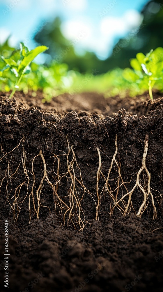 Fototapeta premium Rooted Plants sprout from soil; roots visible underneath