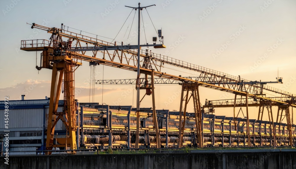 Industrial Crane Equipment at Sunset in Manufacturing Facility Industrial Crane Equipment at Sunset in Manufacturing Facility