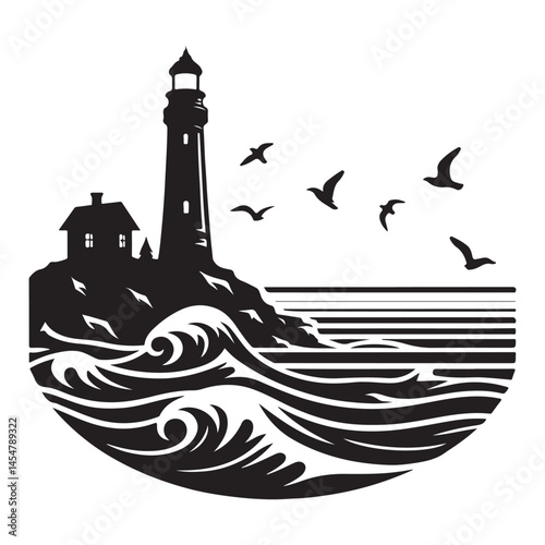 Silhouette of Lighthouse on Cliff With Waves Vector Illustration