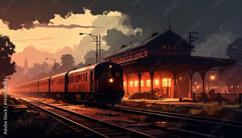Fototapeta premium Vintage Train Station at Dusk with Warm Lights and Dramatic Sky