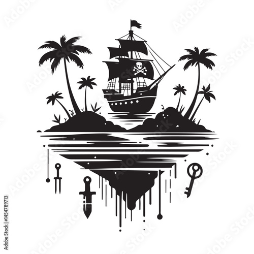 Mystical Pirate Ship Island Silhouette Illustration with Hidden Treasures