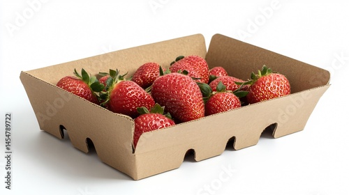 Cardboard punnet with foldable lid and strawberry-shaped cutouts, isolated on light gray background
