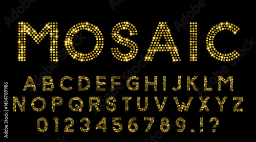 Glittering Mosaic Latin Font Made of Circles In Golden Colors