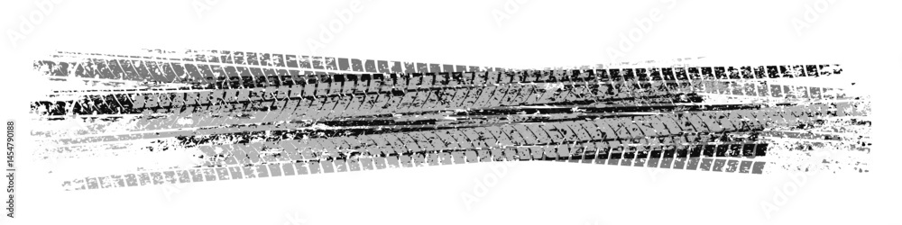 Grunge tire tracks with mud splatters, dirty wheel braking marks. Truck, car, or motorcycle tread pattern silhouettes. Perfect for off-road, motorsport, and racing designs. Vector illustration