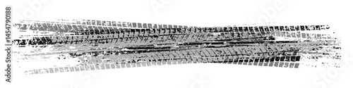 Grunge tire tracks with mud splatters, dirty wheel braking marks. Truck, car, or motorcycle tread pattern silhouettes. Perfect for off-road, motorsport, and racing designs. Vector illustration