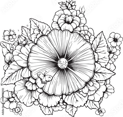 Hollyhock cathartica isolated, hand-drawn floral element. vector illustration bouquet of Hollyhock, sketch art beautiful Hollyhock flower tattoo, coloring page for adults, botanical Hollyhock drawing