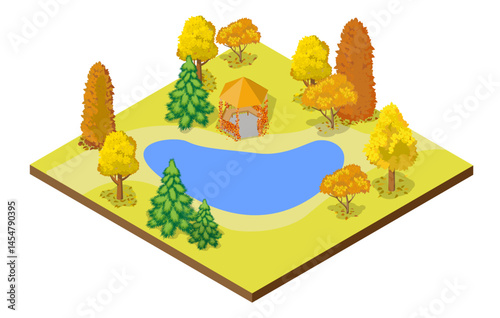 Tree icon. Autumn. Public park, forest or garden isometric image. Park with trees, fir trees, pond and gazebo. Nature map element for autumn park illustration. Vector