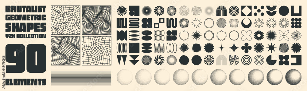 Brutalist geometric shapes, modern symbols. Groovy checkered pattern, distorted tiled grid. Simple elements, forms. Retro design, trendy contemporary minimalist style, y2k. Vector illustration