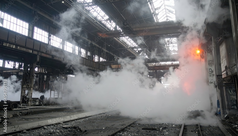 Obraz premium Abandoned Industrial Warehouse with Smoke and Distant Light Glow