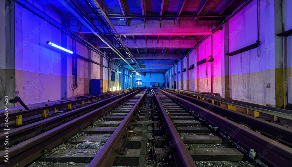 Urban Abandoned Subway Tracks with Neon Lighting Effects Urban Abandoned Subway Tracks with Neon Lighting Effects