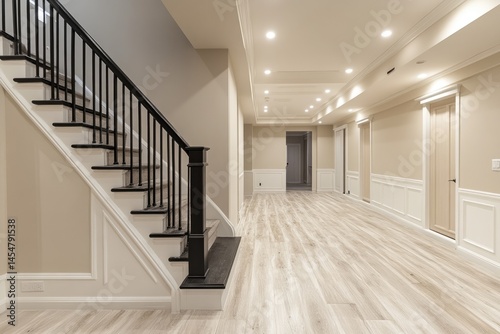 Well-lit basement interior with elegant staircase.