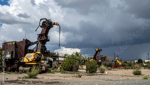 Abandoned Excavators Under Dramatic Clouds in Desert Landscape