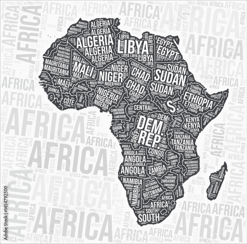 Africa countries map word cloud. Africa region names. Black and white map design. Amazing vector illustration.