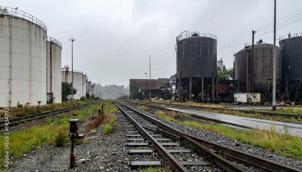Fototapeta premium Industrial Landscape with Storage Tanks and Train Tracks in Rain