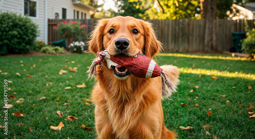 Golden Retriever playing with toy in a sunny backyard  
