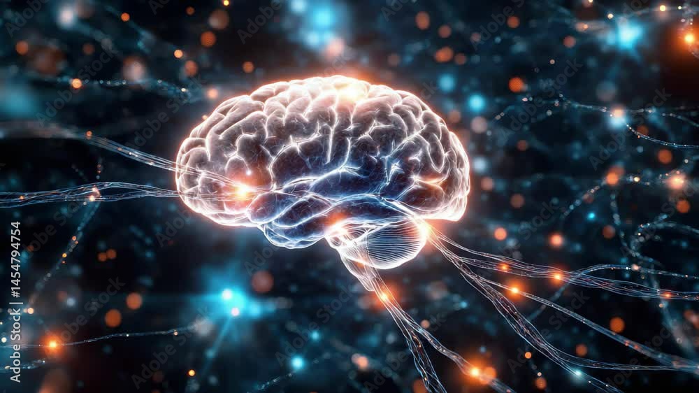 A brain is shown in a blue and orange color scheme. The brain is ...