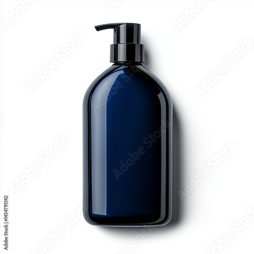 Dark blue matte shampoo bottle with black cap on white background