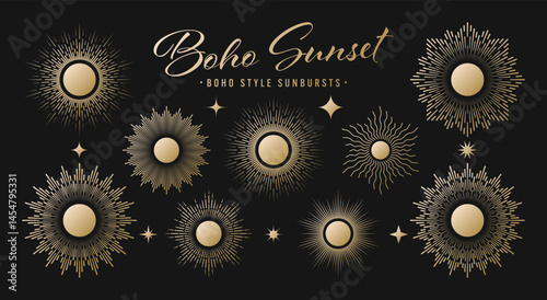 Vintage golden sunburst, sunset beams collection. Boho style, modern minimalist bohemian design. Hand drawn bursting sun, light rays. Logotype or lettering retro design element. Vector illustration